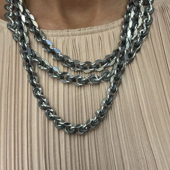 VINTAGE SIGNED WEST GERMANY FANCY LINK Dual Silver Tone Necklace 16”, Signed - Picture 3 of 4